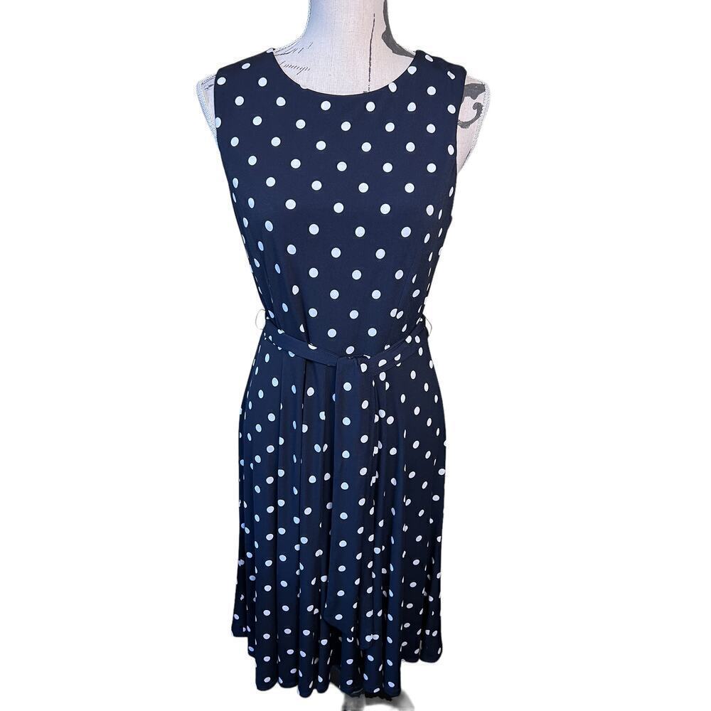 Christopher & Banks Blue Polka Dot A Line Dress Size 8 Belted Sheath Business